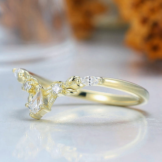 Twig Floral Shape Moissanite Curved Band Solid Gold Bridal Anniversary Ring Leaf Inspired Wedding Band