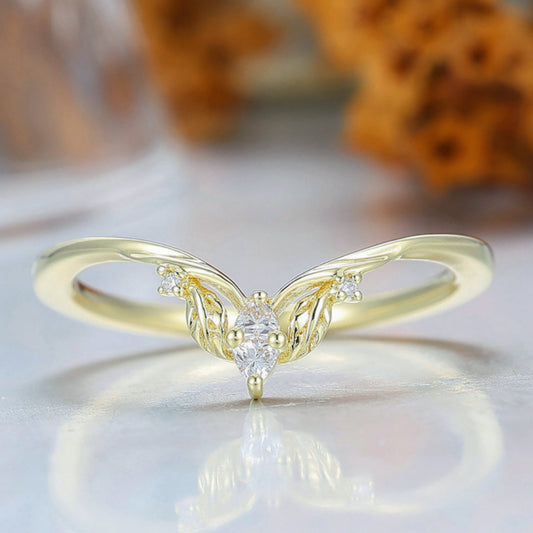 Artsy V Shape Moissanite Women Band Leaf Design Moissanite Inlay 14k Solid Gold Wedding Band