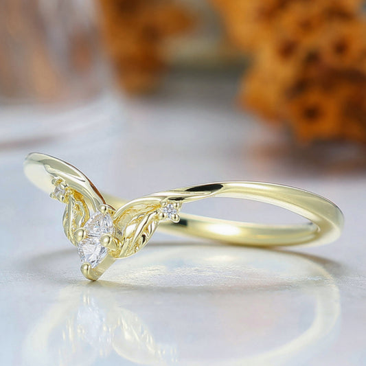 Artsy V Shape Moissanite Women Band Leaf Design Moissanite Inlay 14k Solid Gold Wedding Band