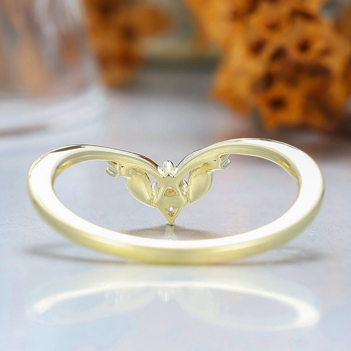 Artsy V Shape Moissanite Women Band Leaf Design Moissanite Inlay 14k Solid Gold Wedding Band