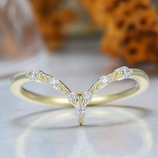 Dainty V Shape Milgrained Moissanite Wedding Band Matching Women Fine Band