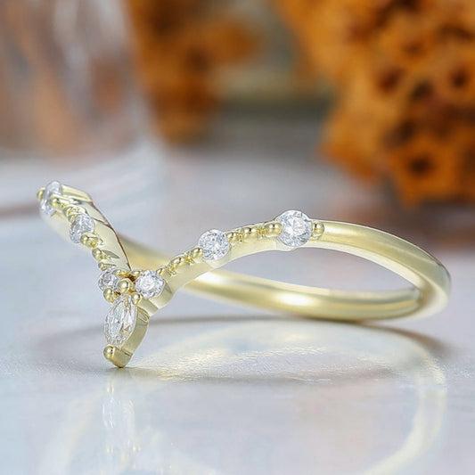 Dainty V Shape Milgrained Moissanite Wedding Band Matching Women Fine Band