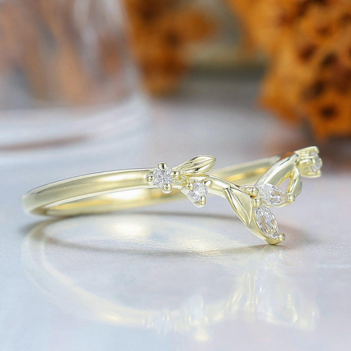 Dainty Twig Leaf Design Moissanite Inlay Wedding Band Art Deco Moissanite Curved Band Bridal Ring For Women