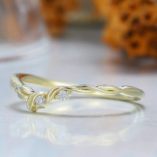 Nature Inspired Moissanite Wedding Band Leaf Design Bridal Anniversary Band Yellow Gold Handmade Curved Band