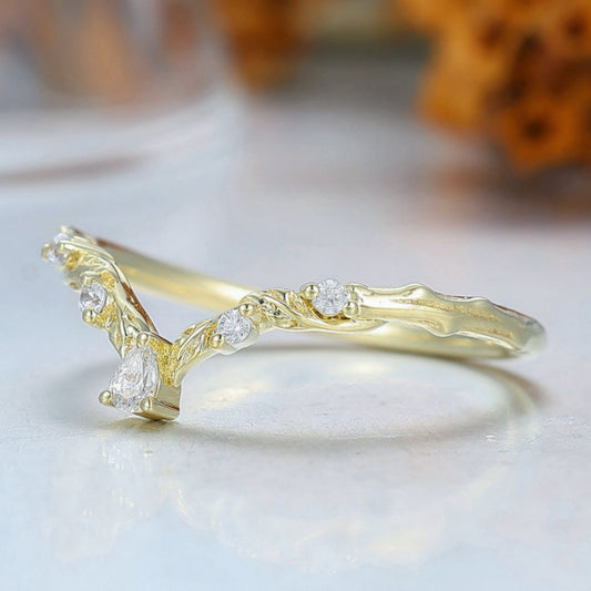 Nature Inspired Moissanite Inlay Curved Wedding Band Brilliant Yellow Gold Women Promise Ring