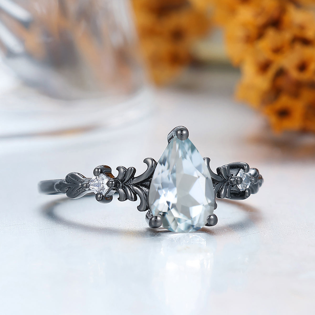 Scrolled Vine Design Aquamarine Bridal Ring Silver And Solid Gold Sky Blue Engagement Ring