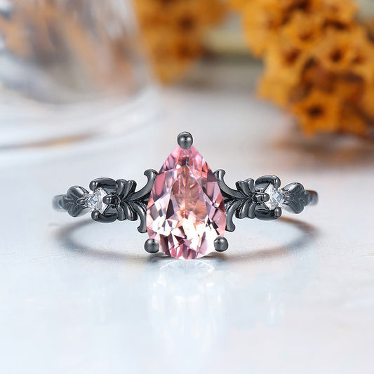 Scrollwork Pear Cut Pink Morganite Engagement Ring Handmade Prong Gold Women Ring