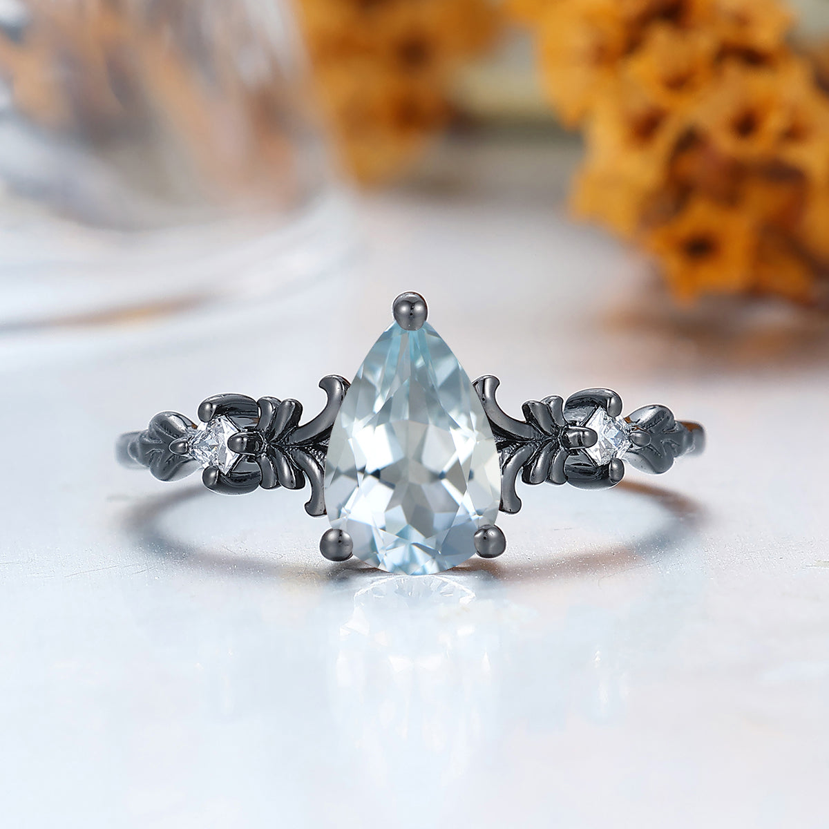Scrolled Vine Design Aquamarine Bridal Ring Silver And Solid Gold Sky Blue Engagement Ring