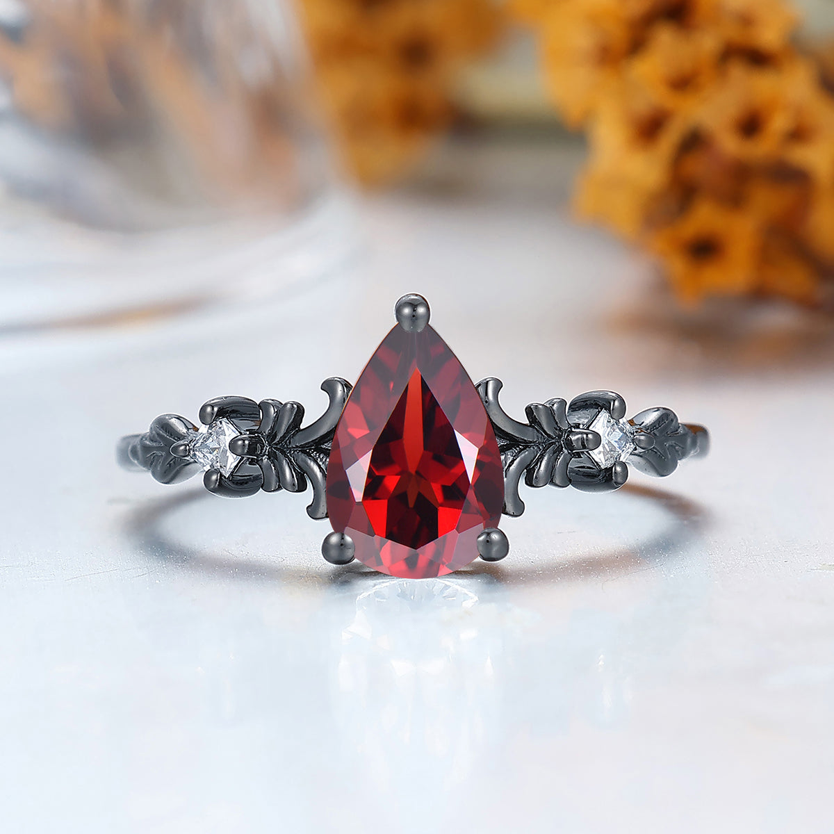 Dainty Pear Cut  Red Garnet Vines Engagement Ring Prongs Setting Promise Anniversary Bridal Ring
