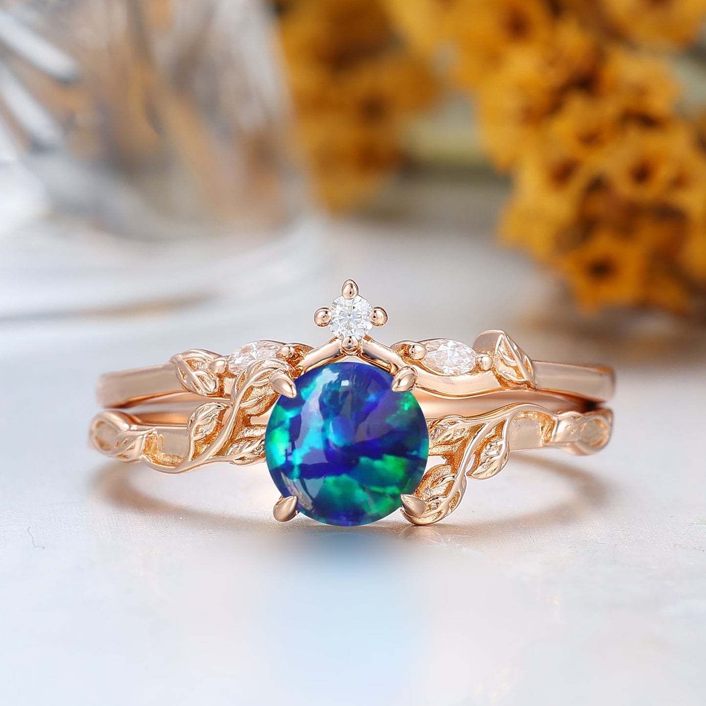 Nature Inspired Twig Leaf Peacock Green Opal Couples Ring Set Peacock Green His And Hers Rings