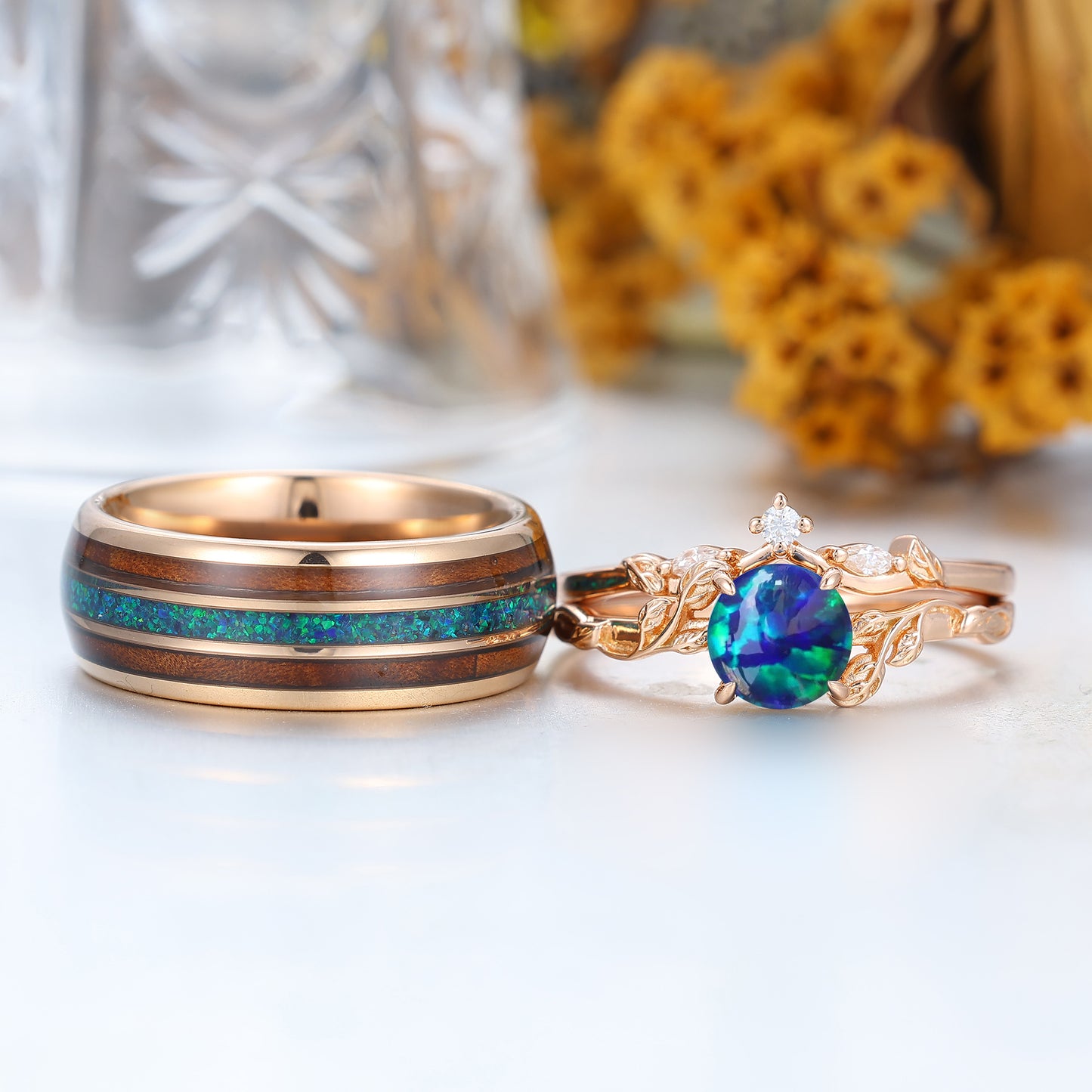 Nature Inspired Twig Leaf Peacock Green Opal Couples Ring Set Peacock Green His And Hers Rings