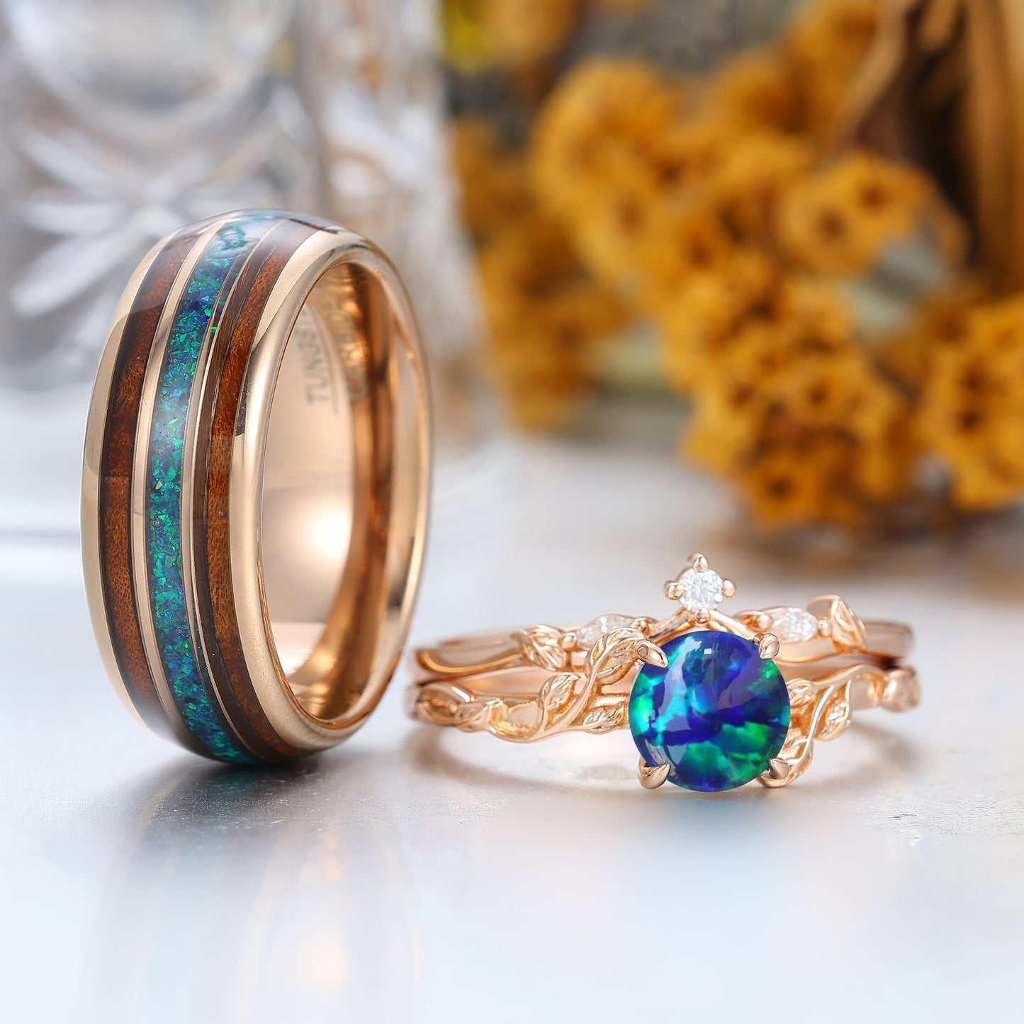 Nature Inspired Twig Leaf Peacock Green Opal Couples Ring Set Peacock Green His And Hers Rings