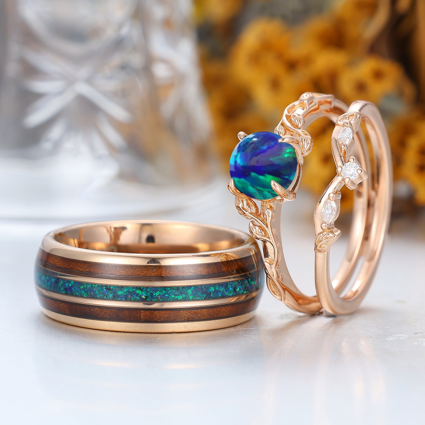 Nature Inspired Twig Leaf Peacock Green Opal Couples Ring Set Peacock Green His And Hers Rings