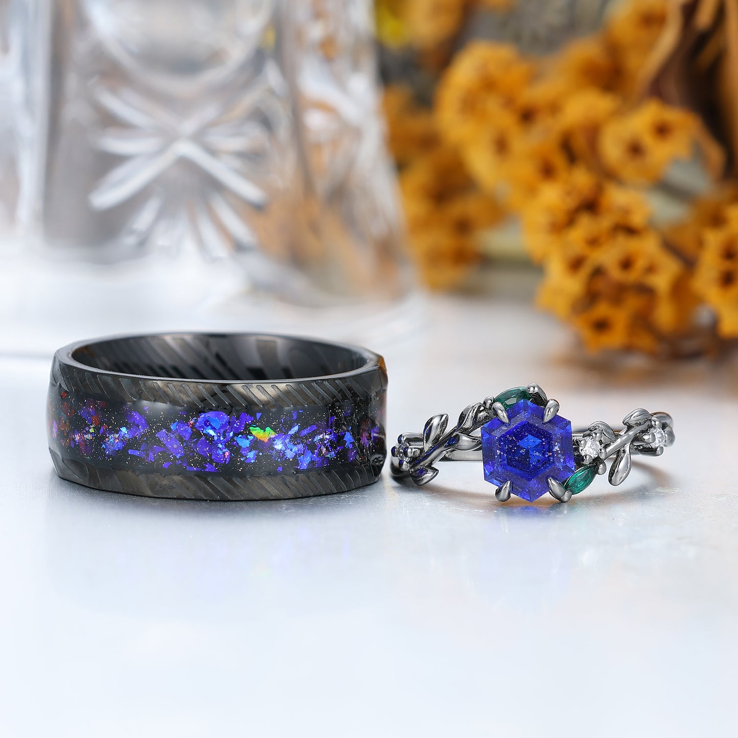 Aglisten Galaxy Sandstone Matching Engagement and Wedding Rings Blue Anniversary Couple Rings