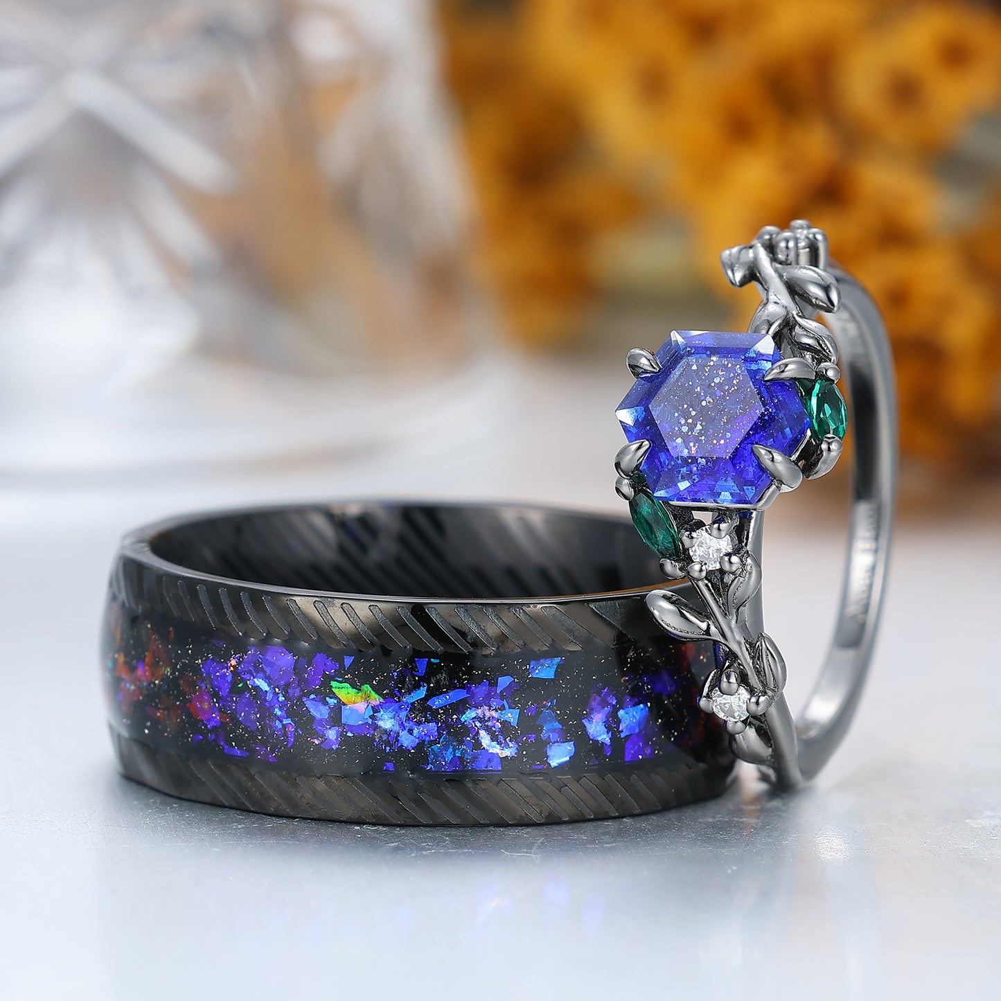 Aglisten Galaxy Sandstone Matching Engagement and Wedding Rings Blue Anniversary Couple Rings