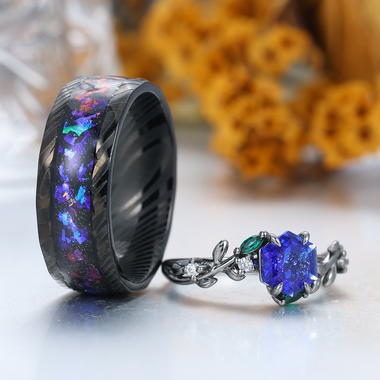 Aglisten Galaxy Sandstone Matching Engagement and Wedding Rings Blue Anniversary Couple Rings