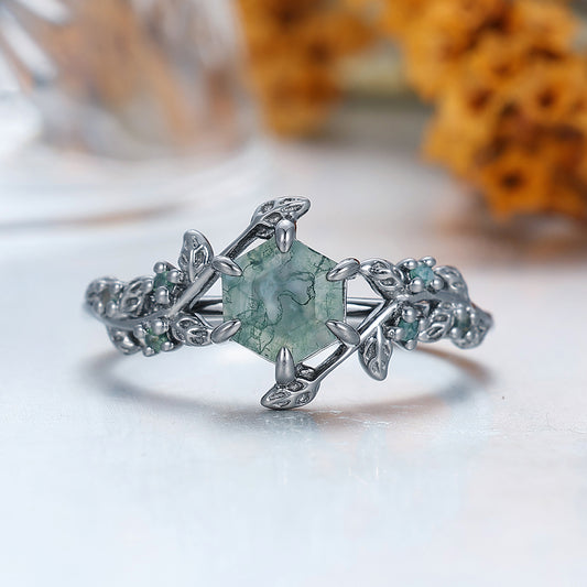 Leaf Design Inspiration Hexagon Cut Natural Moss Agate Engagement Leaf Shape Ring For Anniversary Gift