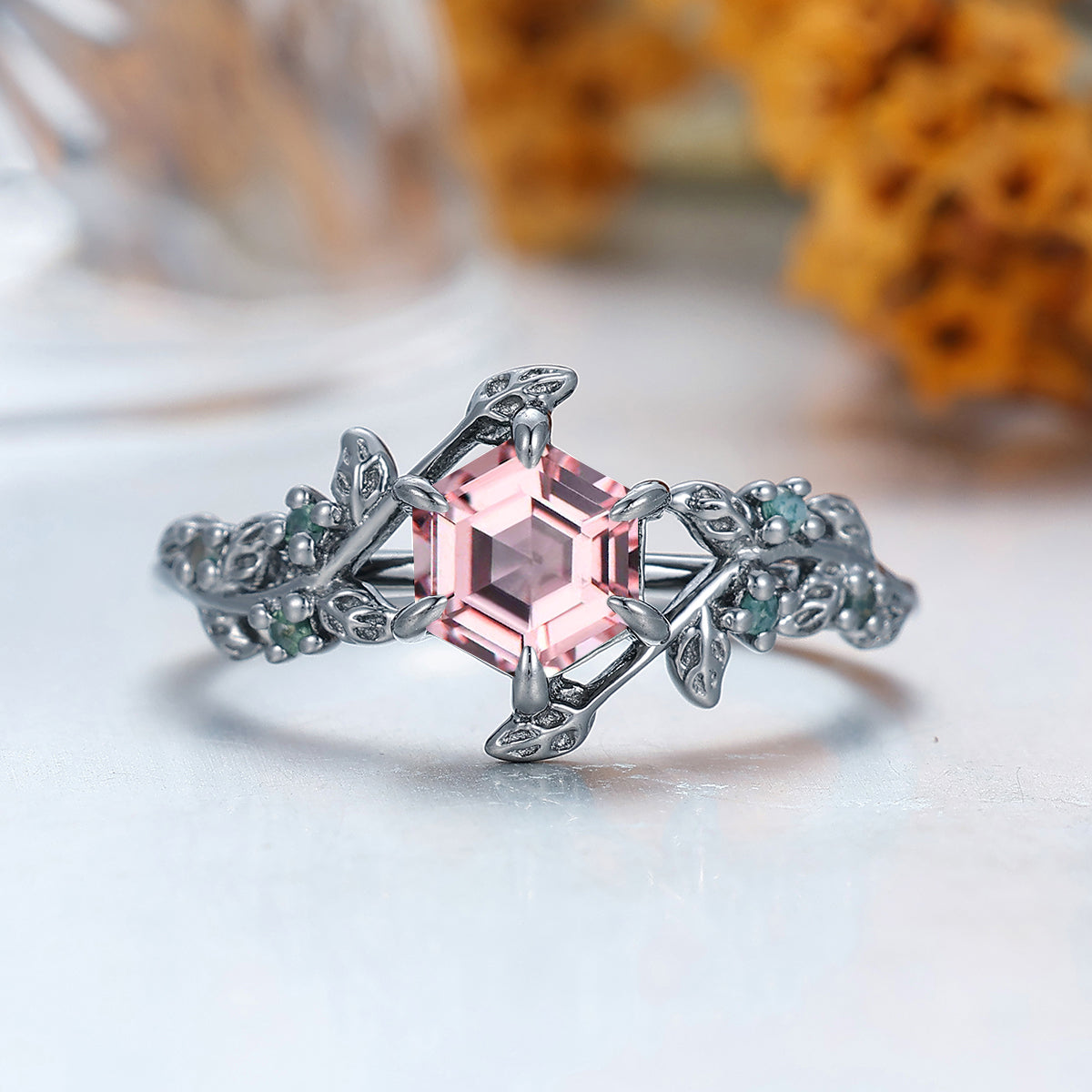 Leaf Inspired Pink Morganite Engagement Ring For Her Unique Black Plated Silver And Gold Bridal Ring