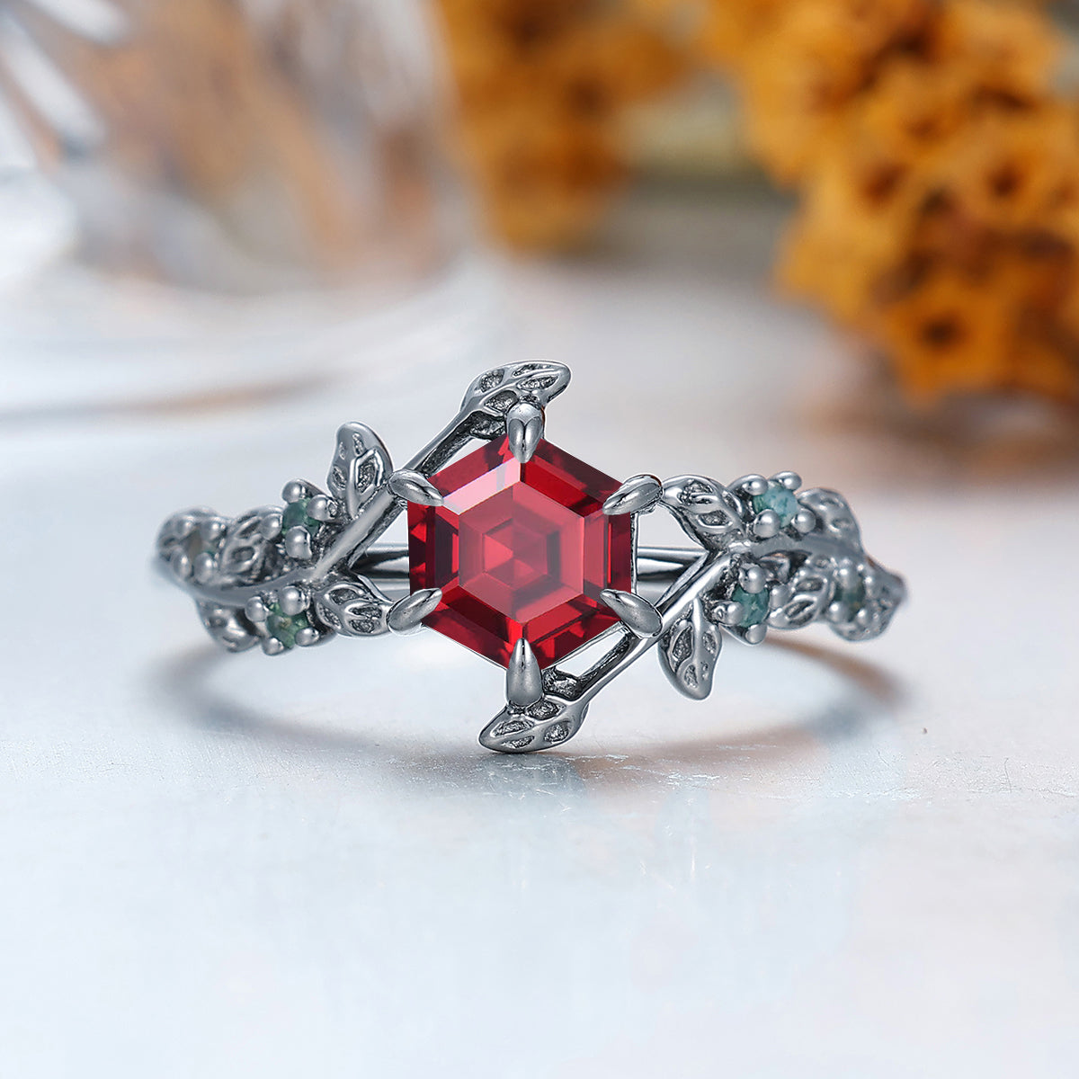 Leaf Design 14k Black Gold Inspiration Hexagon Cut Natural Moss Agate Engagement Leaf Shape Ring For Anniversary Gift