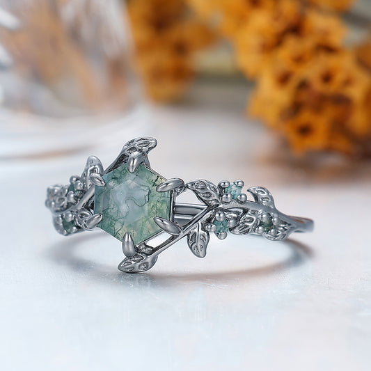 Leaf Design Inspiration Hexagon Cut Natural Moss Agate Engagement Leaf Shape Ring For Anniversary Gift