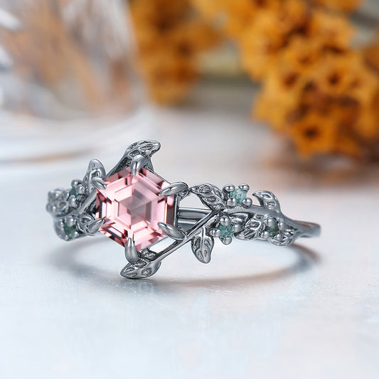 Leaf Inspired Pink Morganite Engagement Ring For Her Unique Black Plated Silver And Gold Bridal Ring