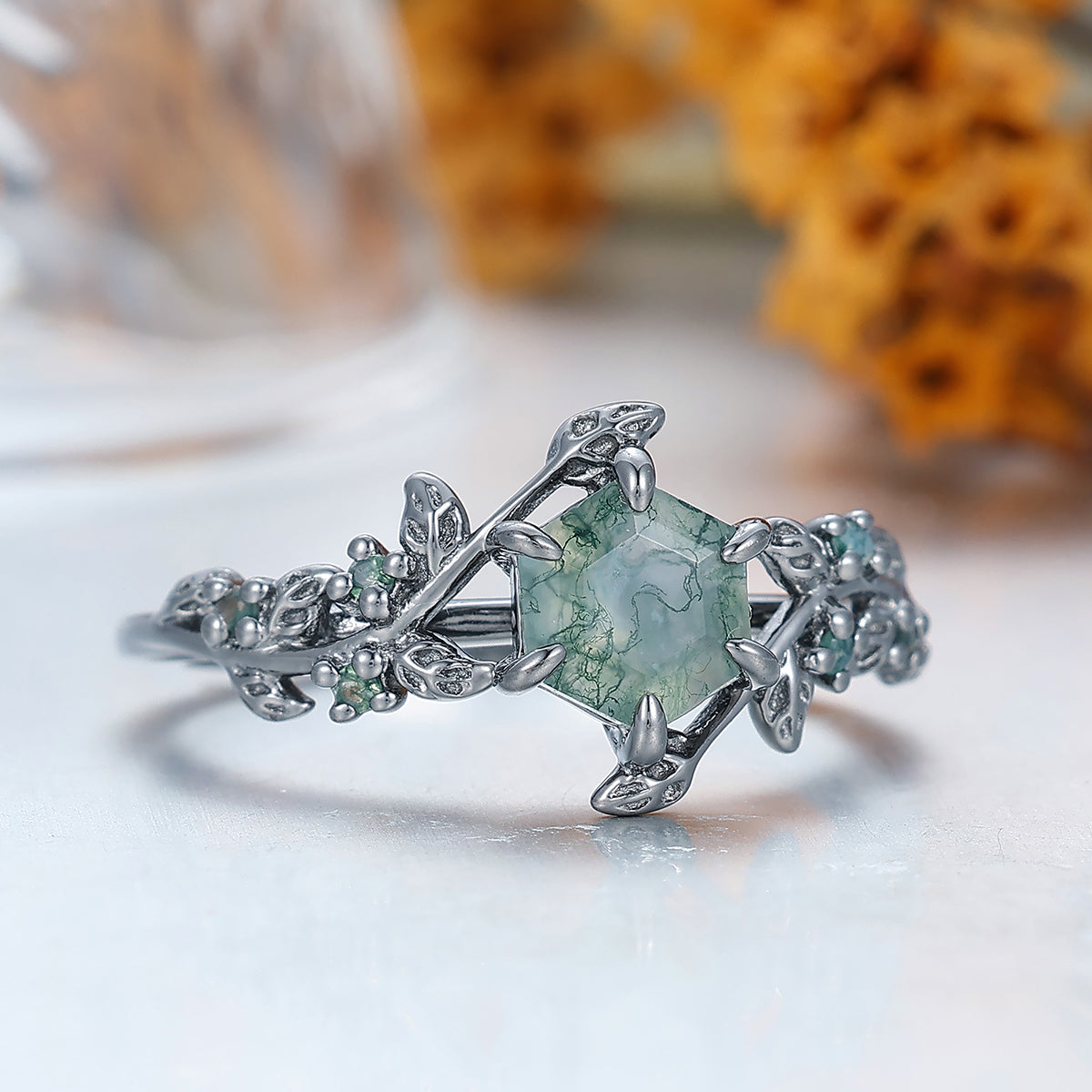 Leaf Design Inspiration Hexagon Cut Natural Moss Agate Engagement Leaf Shape Ring For Anniversary Gift