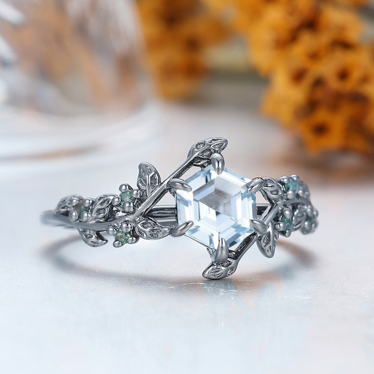 Hexagon Cut Aquamarine Leaf Twig Engagement Ring Prong Setting Handmade Women Ring Birthday Ring