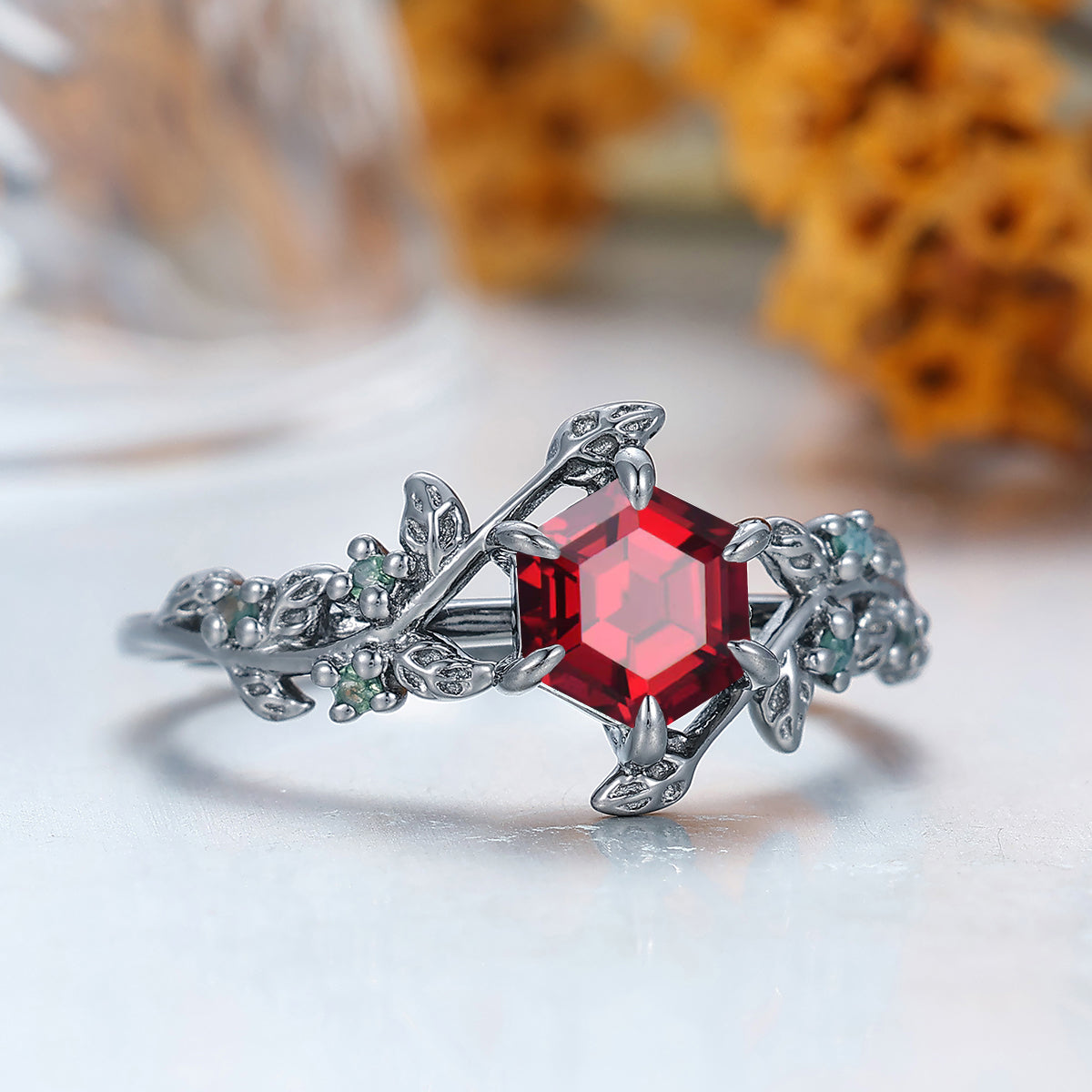 Leaf Design 14k Black Gold Inspiration Hexagon Cut Natural Moss Agate Engagement Leaf Shape Ring For Anniversary Gift