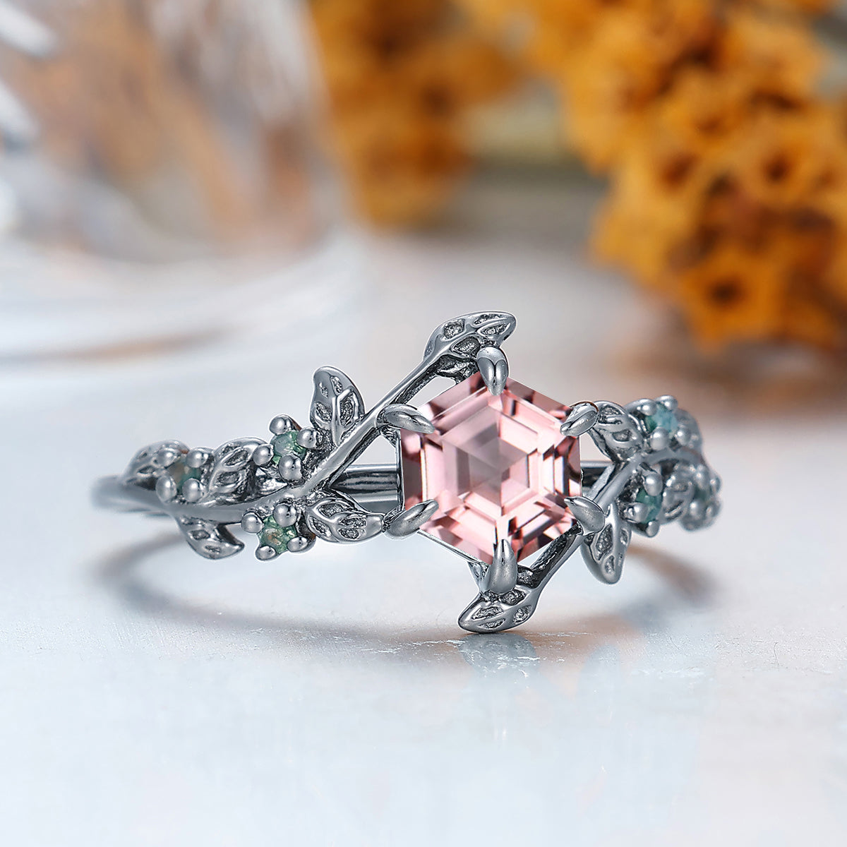 Leaf Inspired Pink Morganite Engagement Ring For Her Unique Black Plated Silver And Gold Bridal Ring