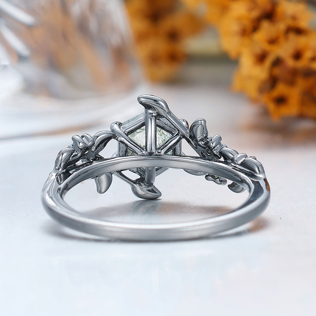 Leaf Design Inspiration Hexagon Cut Natural Moss Agate Engagement Leaf Shape Ring For Anniversary Gift