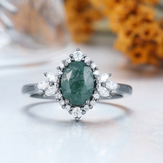 Unique 1.5ct Oval Cut Natural Moss Agate Ring All Around Moissanite Ladies Ring Women Dainty Rings