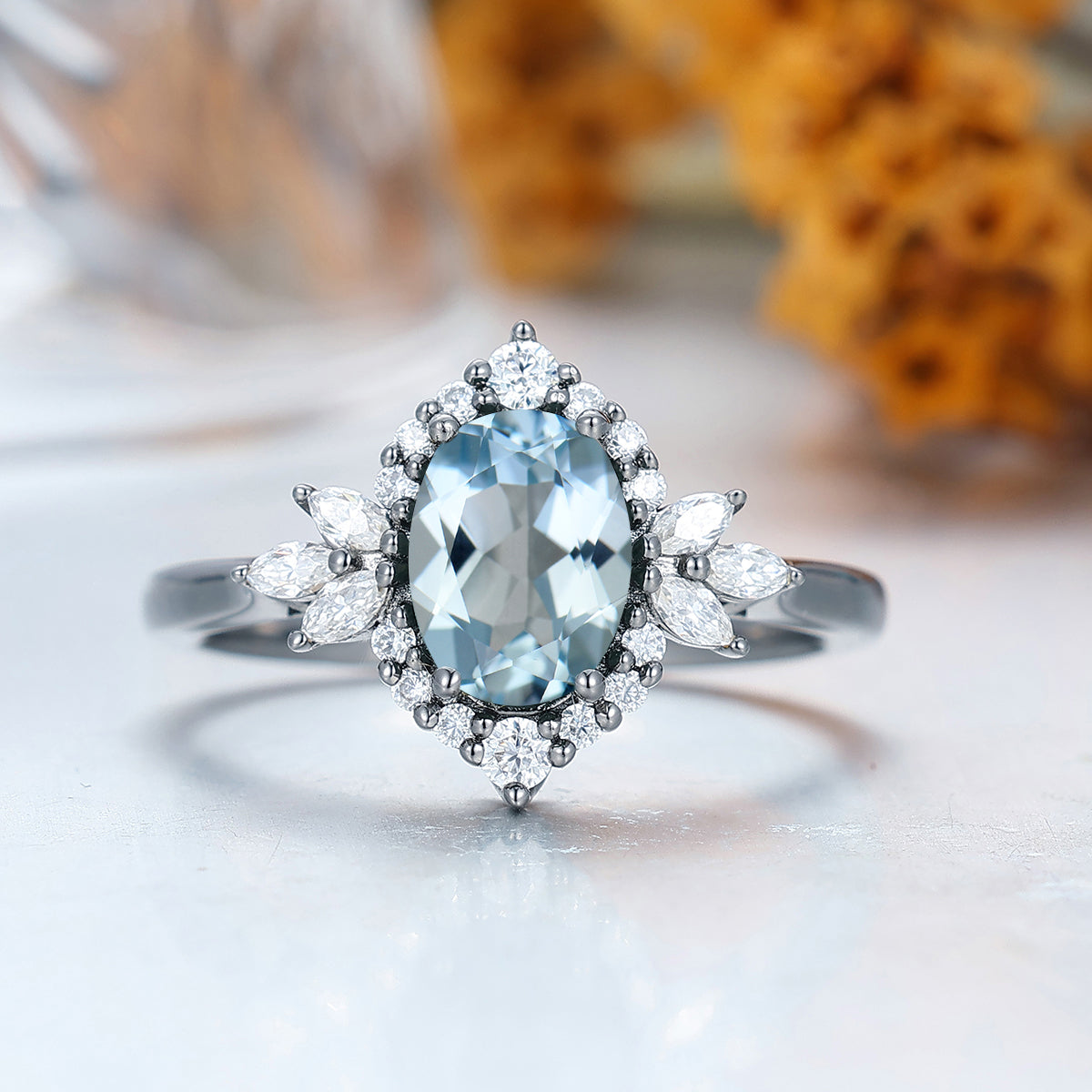 Unique Oval Cut Aquamarine Ring All Around Inlaid Moissanite Ladies Ring Halo Women Engagement Ring