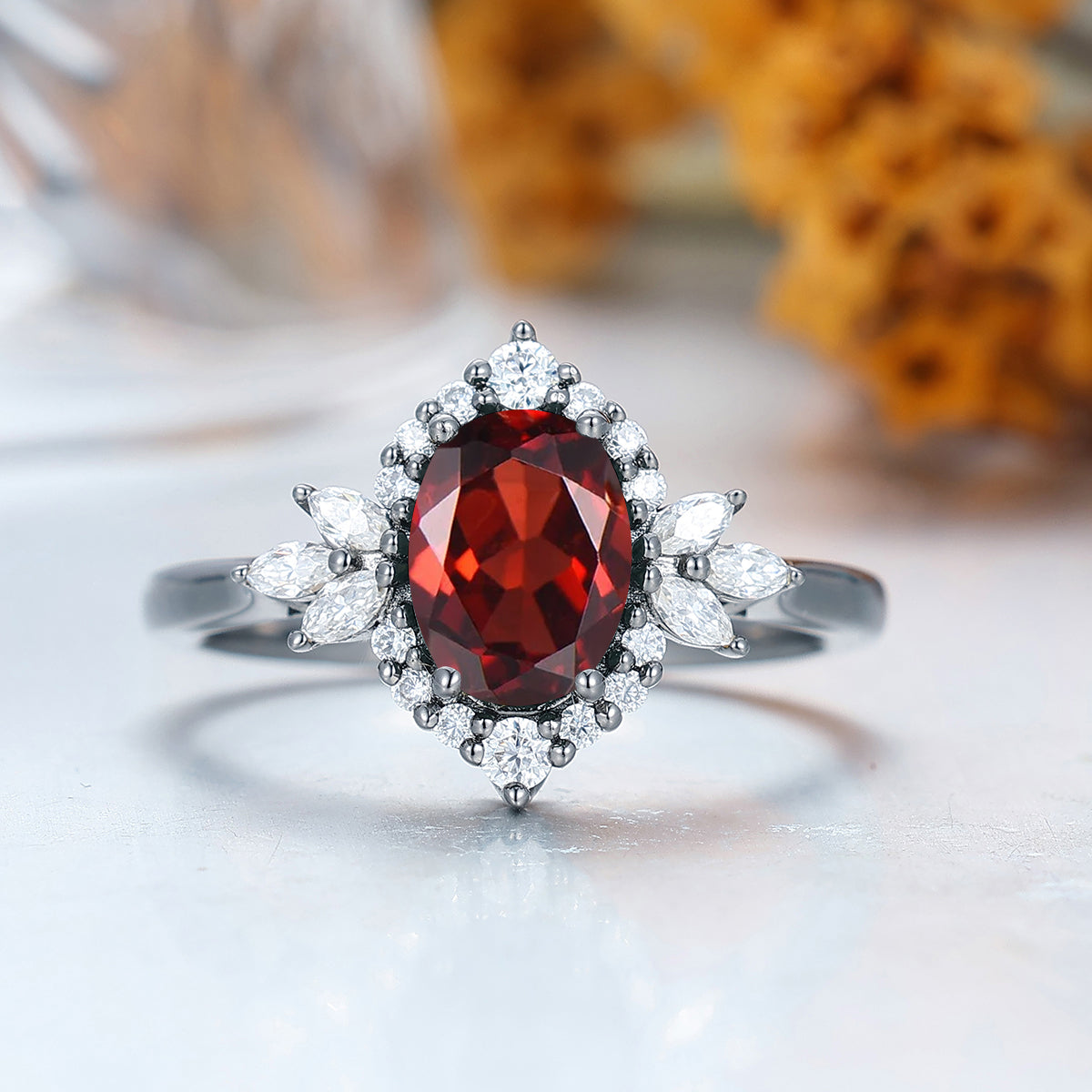 Unique 1.5ct Oval Cut Nature Red Garnet 14k Gold Ring All Around Moissanite Ladies Ring Women Dainty Rings