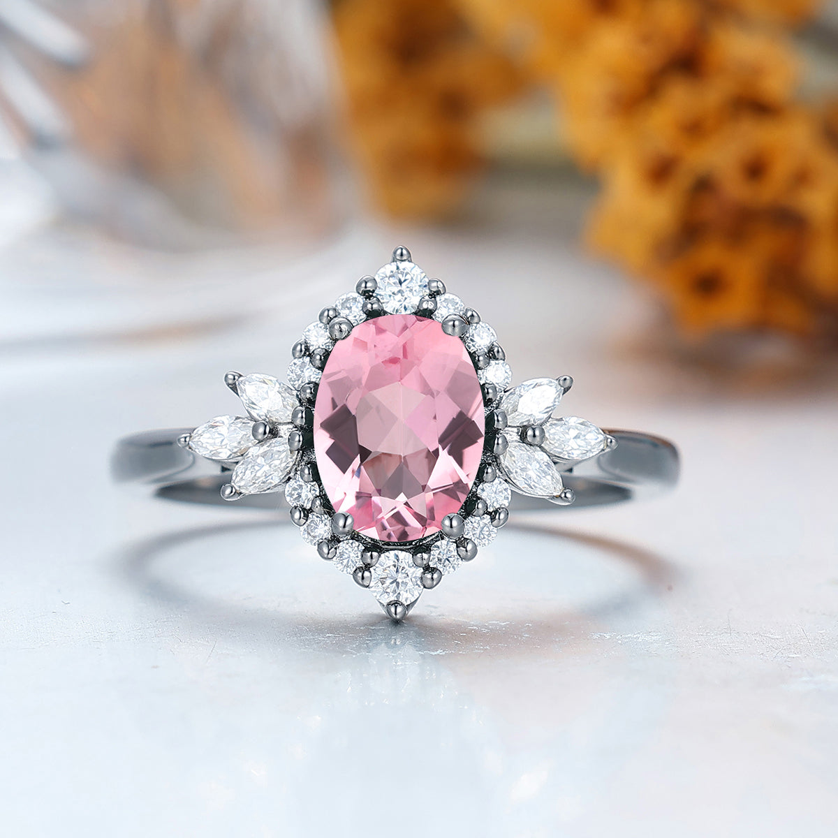 Halo Floral Design Pink Morganite Engagement Ring Cluster Moissanite Bridal Ring For Women