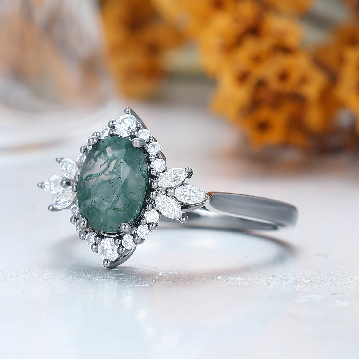 Unique 1.5ct Oval Cut Natural Moss Agate Ring All Around Moissanite Ladies Ring Women Dainty Rings