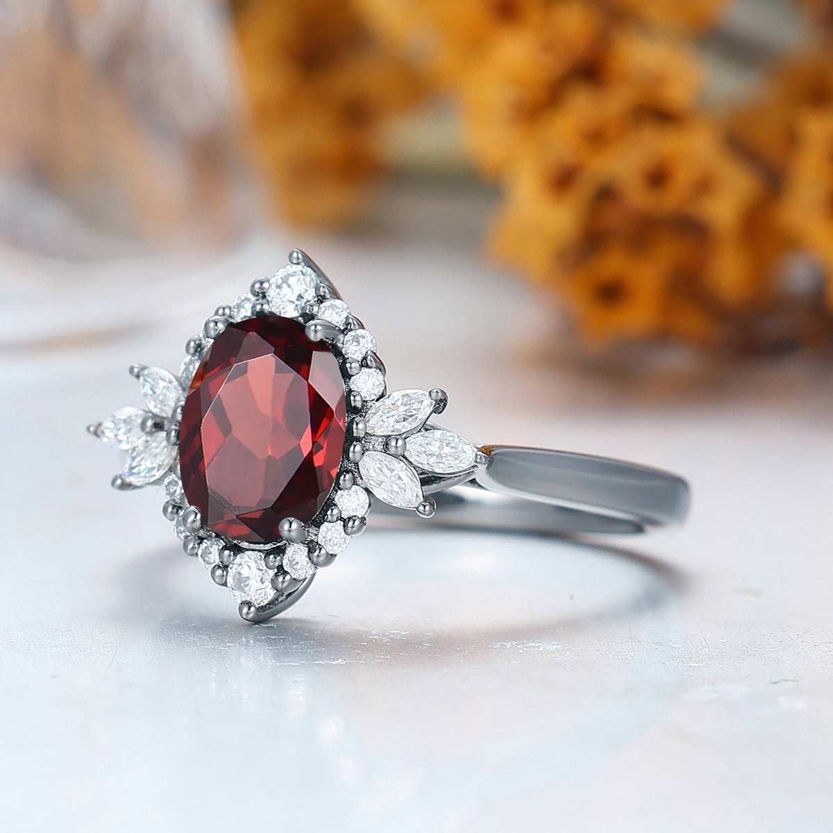 Unique 1.5ct Oval Cut Nature Red Garnet 14k Gold Ring All Around Moissanite Ladies Ring Women Dainty Rings
