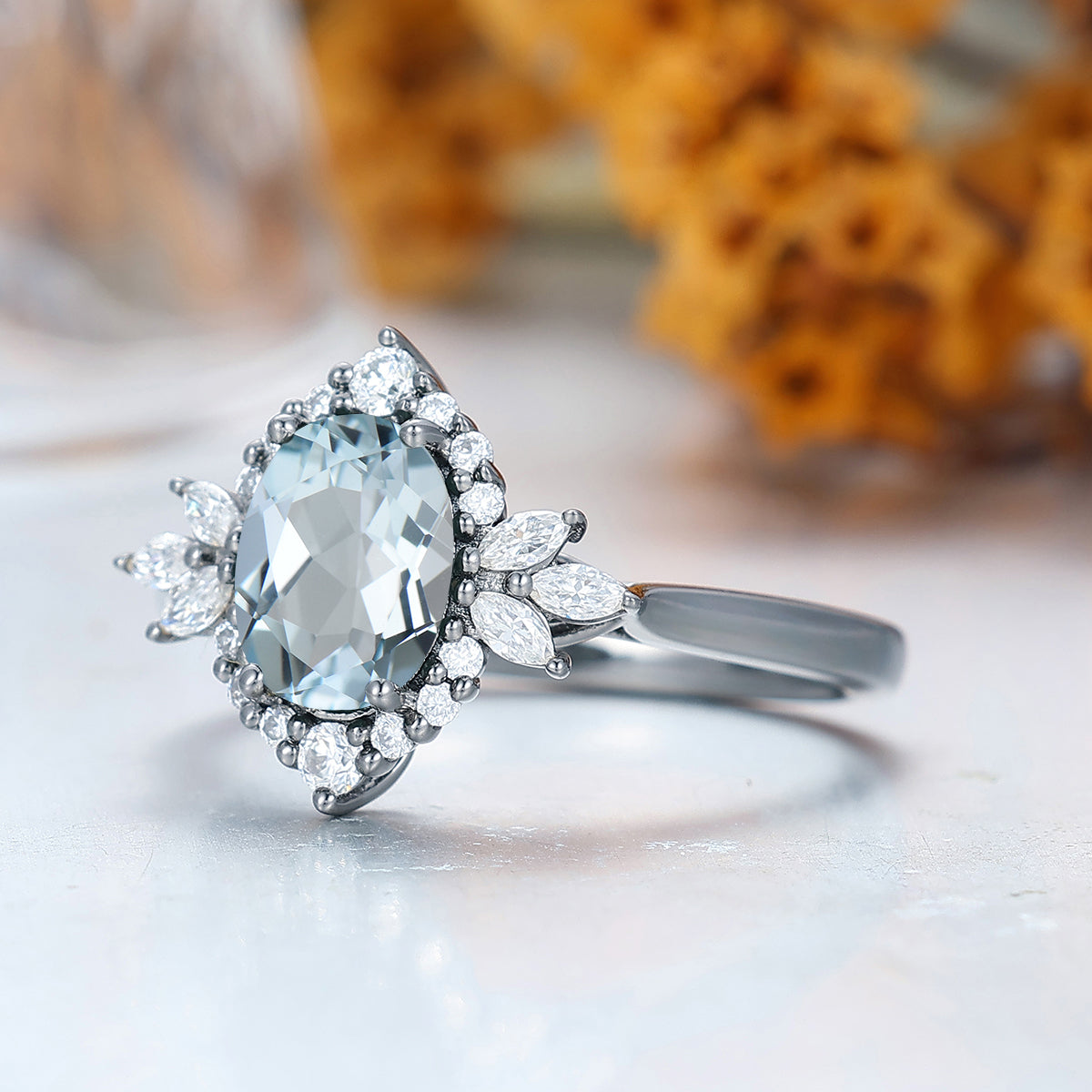 Unique Oval Cut Aquamarine Ring All Around Inlaid Moissanite Ladies Ring Halo Women Engagement Ring