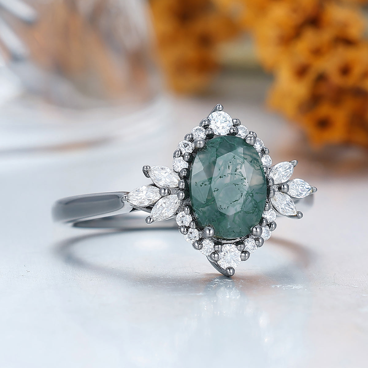 Unique 1.5ct Oval Cut Natural Moss Agate Ring All Around Moissanite Ladies Ring Women Dainty Rings