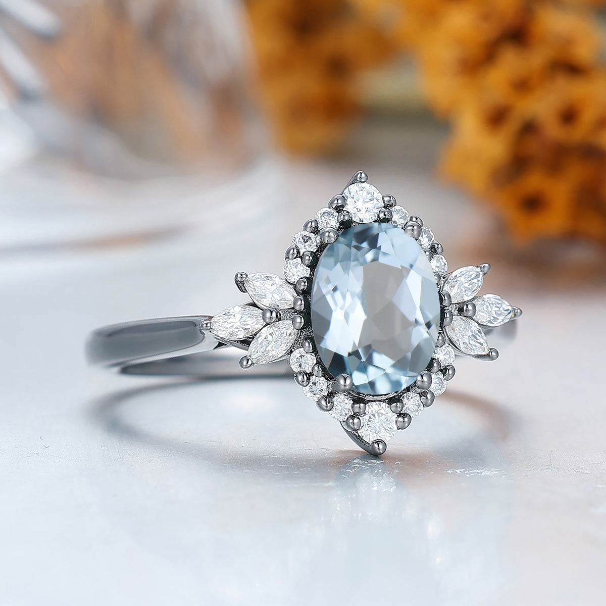 Unique Oval Cut Aquamarine Ring All Around Inlaid Moissanite Ladies Ring Halo Women Engagement Ring