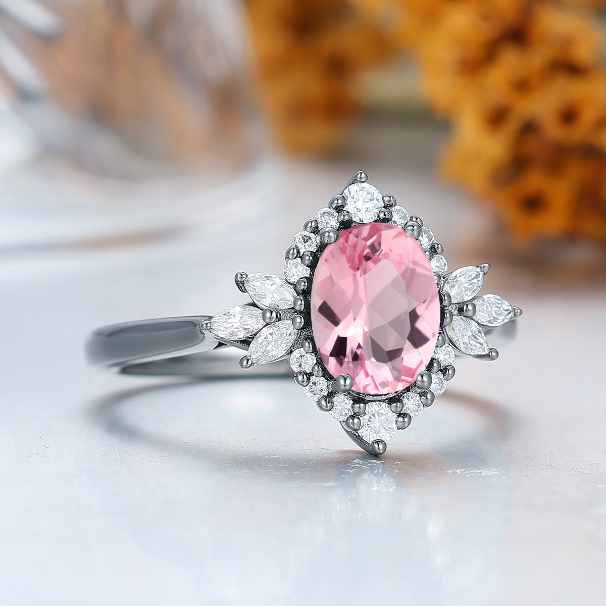 Halo Floral Design Pink Morganite Engagement Ring Cluster Moissanite Bridal Ring For Women