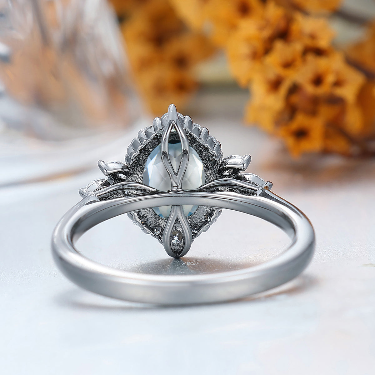 Unique Oval Cut Aquamarine Ring All Around Inlaid Moissanite Ladies Ring Halo Women Engagement Ring