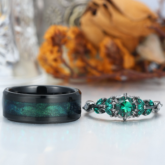 Emerald Engagement Couples Ring Set And Galaxy Quicksand Inlay Tungsten Matching Ring His and Hers Ring Set