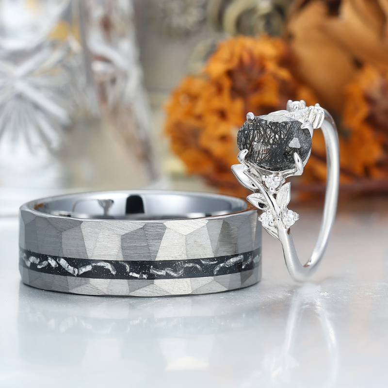 Dainty Black Rutilated Quartz Leaf Couples Ring Meteorite Tungsten Matching Ring