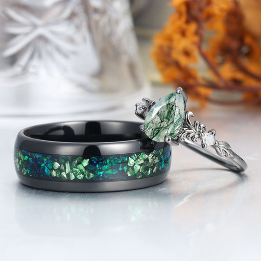 Personalized Moss Agate Vine-inspired Rings For Couples Matching Ring For Men And Women