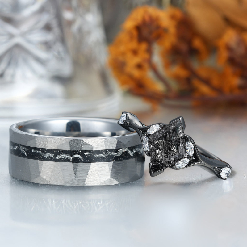 Dainty Black Rutilated Quartz His And Hers Wedding Bands Promise Tungsten Matching Couple Rings