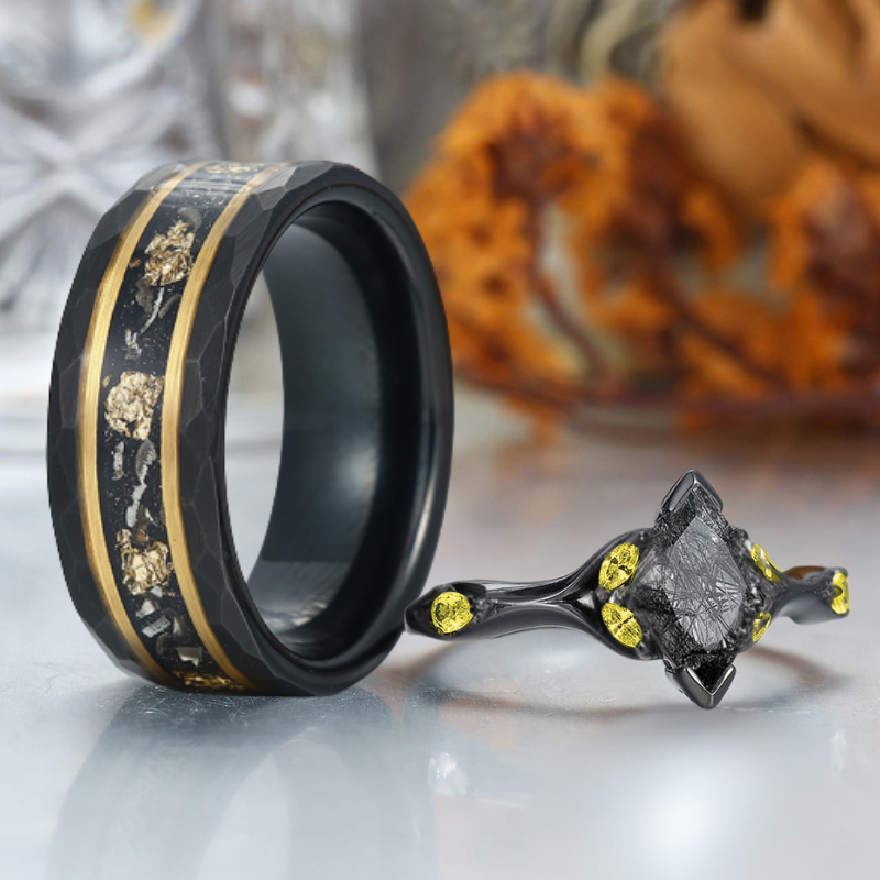 Alternative Black Rutilated Quartz Couple Rings Black And Gold Promise Rings For Couples