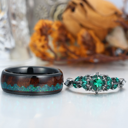 Emerald Engagement Couples Ring Set And Wood Inlay Tungsten Matching Ring His and Hers Ring Set