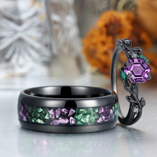 Fascinating Amethyst Leaf Engagement Couple Rings Matching Tungsten His and Hers Wedding Band
