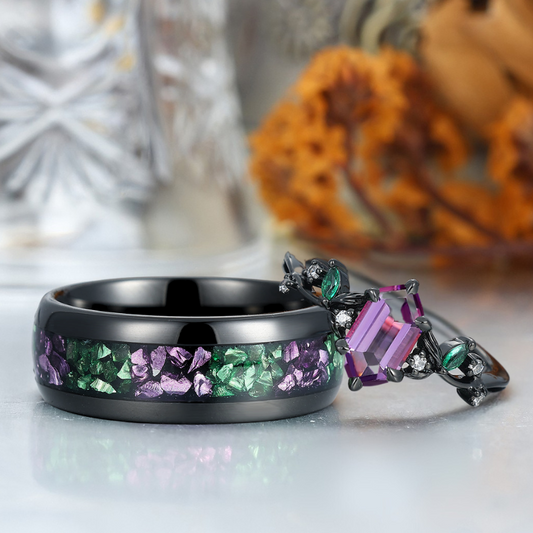 Fascinating Long Hexagon Amethyst Leaf Engagement Couple Rings Matching Tungsten His and Hers Wedding Band