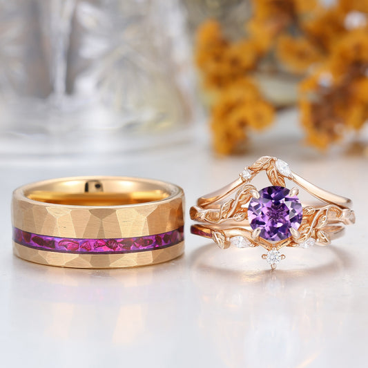 Vine Leaf Design Natural Purple Amethyst Couples Ring S925 And Tungsten His And Hers Rings